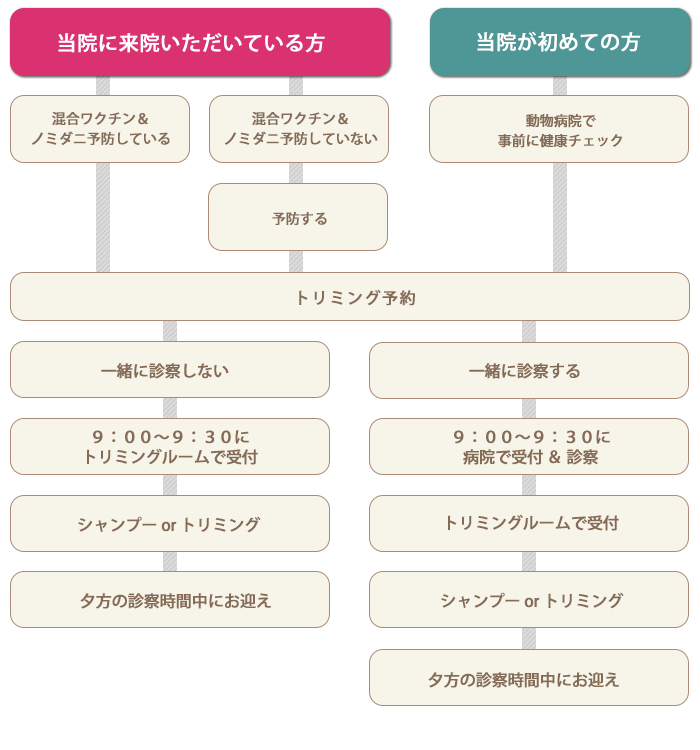 トリミング予約の流れ。既に来院している方は混合ワクチンとノミダニ予防の有無に応じて、診察の有無や受付時間が変わります。初めての方は事前に健康チェック後、診察と受付を経てトリミングへ。全て9:00〜9:30受付、夕方にお迎え。